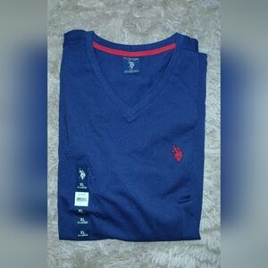 U.S. Polo Assn. Blue V-Neck Sweater with Red Emblem
